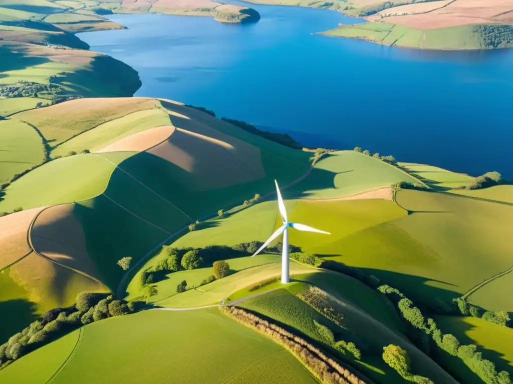 Vista aérea de la campiña escocesa con energía verde en Escocia cero emisiones, armonía entre naturaleza y tecnología sostenible