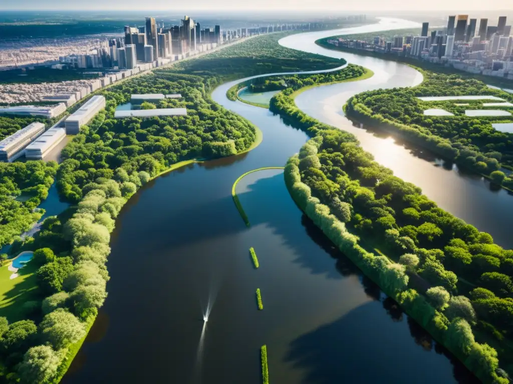 Vista aérea de una ciudad moderna con ríos serpenteantes, reflejos de luz y sombra en edificios, rodeada de exuberante vegetación