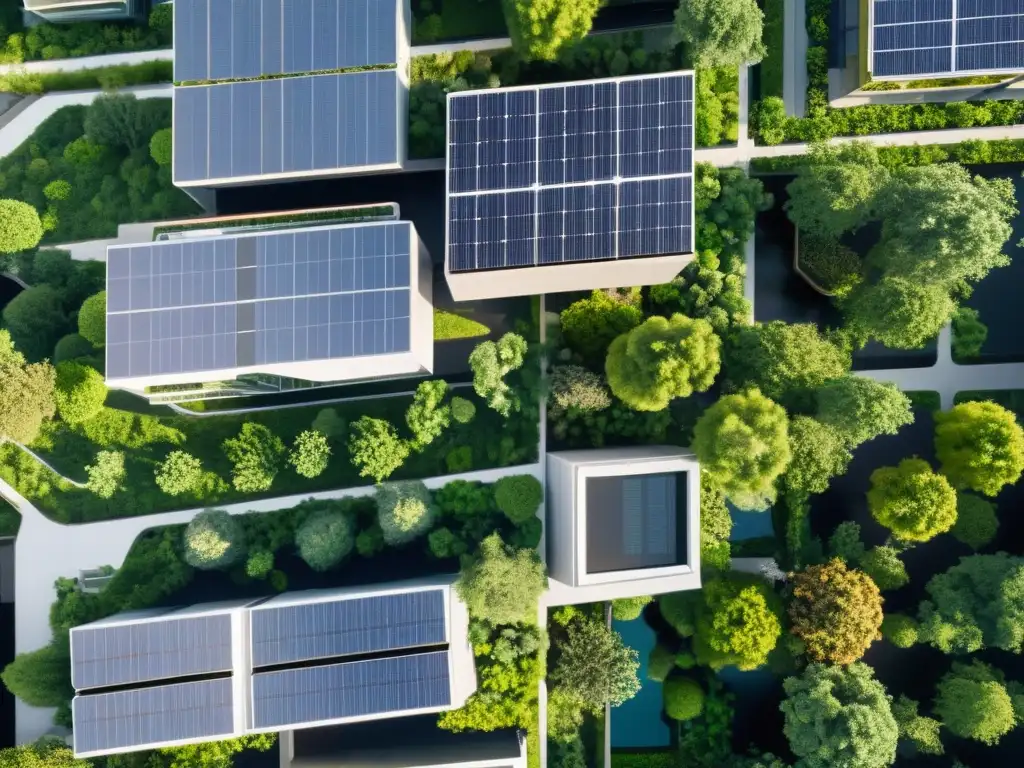 Vista aérea de ciudad moderna con estrategias de enfriamiento isla calor urbano y arquitectura sostenible integrada en entorno natural exuberante