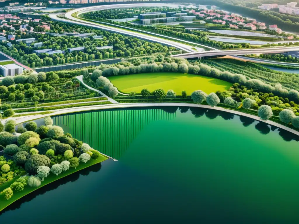 Vista aérea de una ciudad sostenible con arquitectura moderna y espacios verdes, ejemplificando la planificación urbana sostenible y comunidades verdes