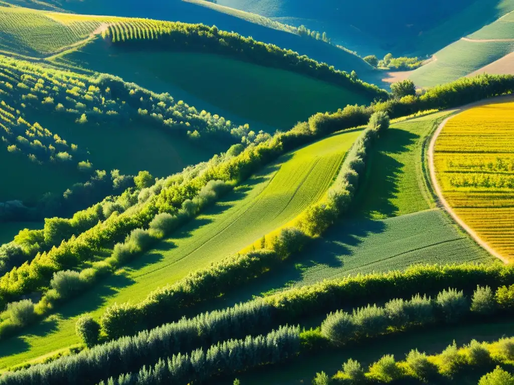 Vista aérea de colinas verdes en la campiña italiana con viñedos y olivares