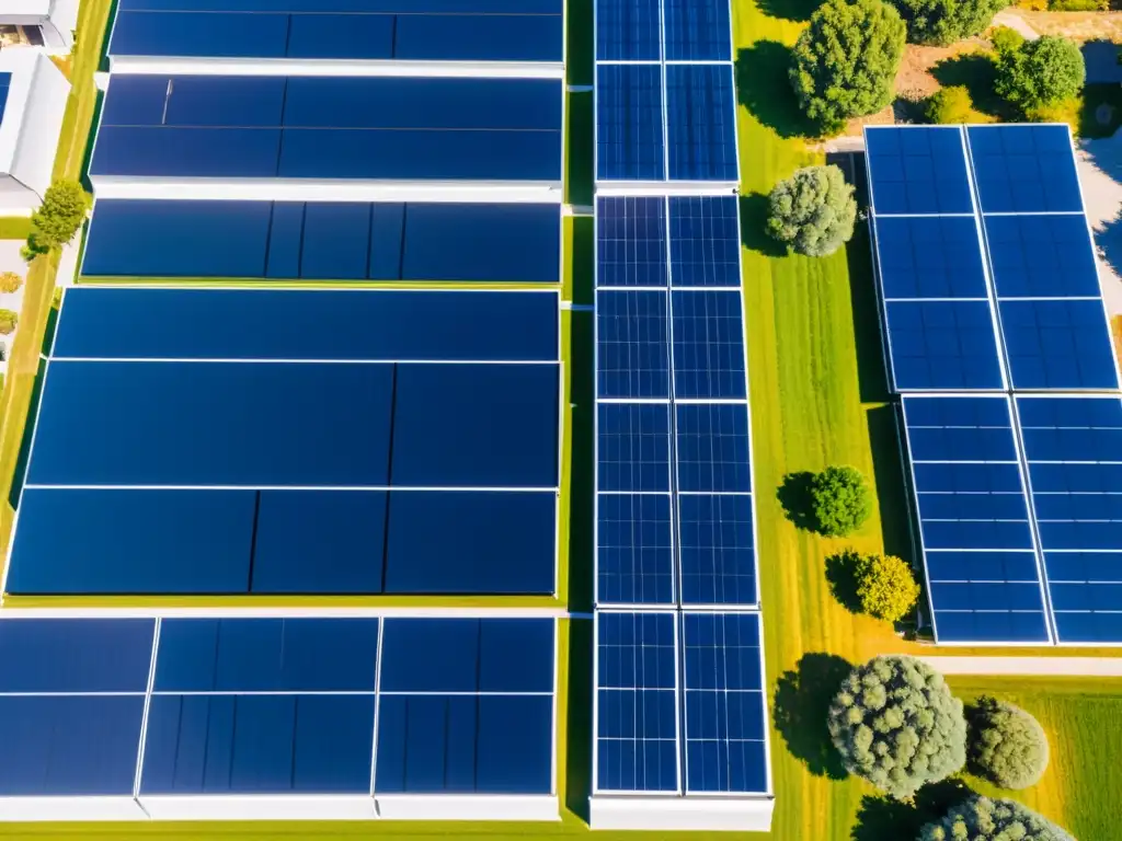 Vista aérea de complejo empresarial con paneles solares alineados, capturando la energía del sol en un día despejado