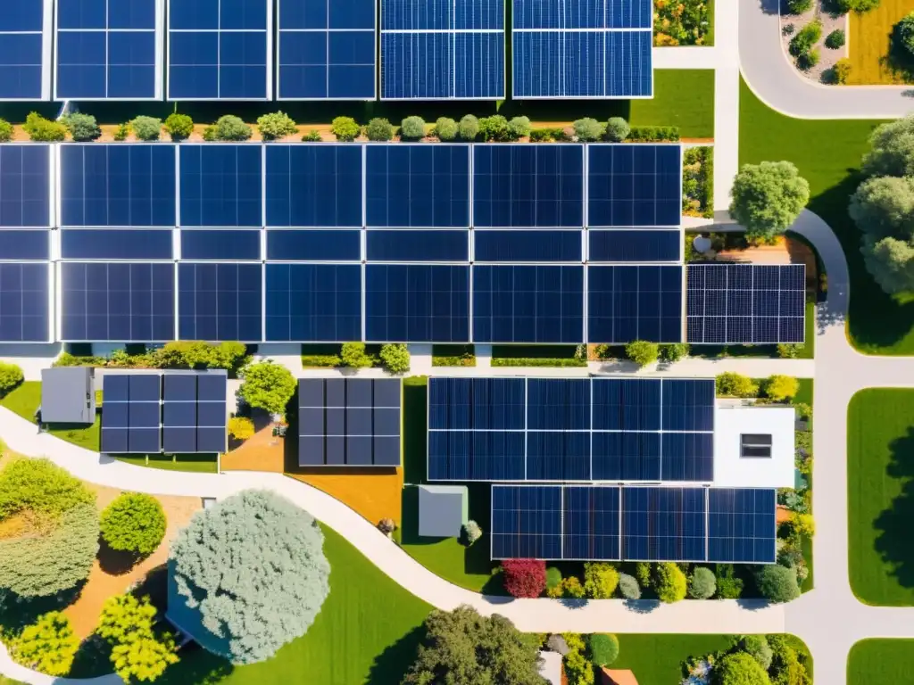 Vista aérea de comunidad con paneles solares en los tejados, generando energía renovable para todo el barrio