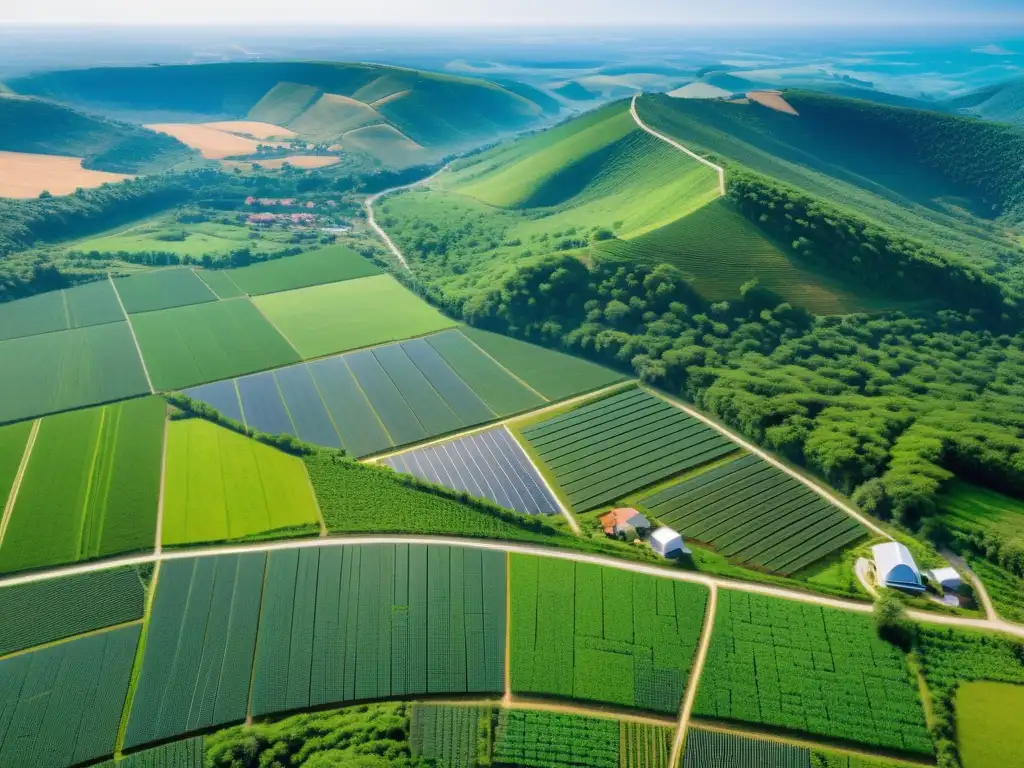 Vista aérea de comunidad rural con microredes integradas en paisaje, simbolizando alternativa energética sostenible