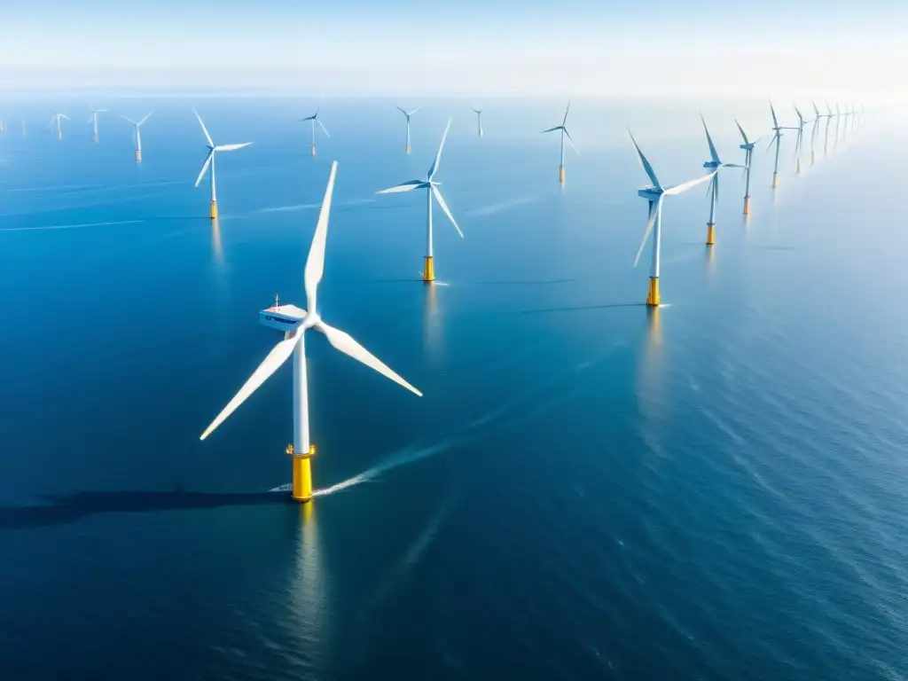 Vista aérea deslumbrante de un extenso parque eólico marino, con turbinas blancas alineadas perfectamente en el brillante océano azul