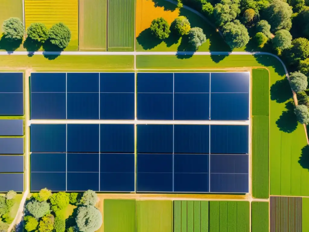 Vista aérea detallada de comunidad con paneles solares en armonía con el entorno natural