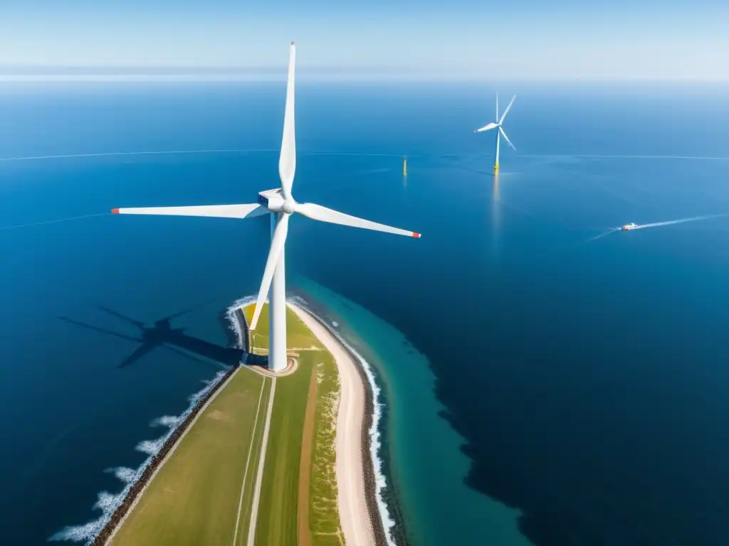 Vista aérea detallada de una granja eólica offshore, con elegantes turbinas blancas en el mar y cielo azul