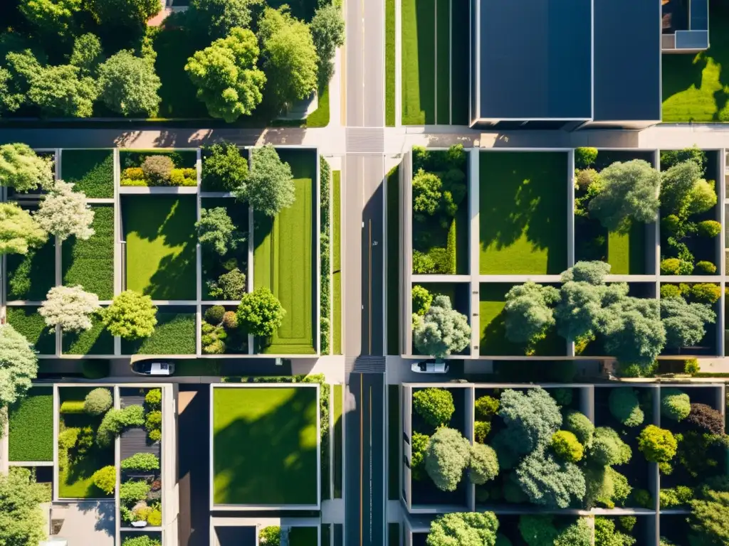 Vista aérea detallada de densificación urbana sostenible con rascacielos, áreas verdes y diseño moderno, resaltando luces y sombras