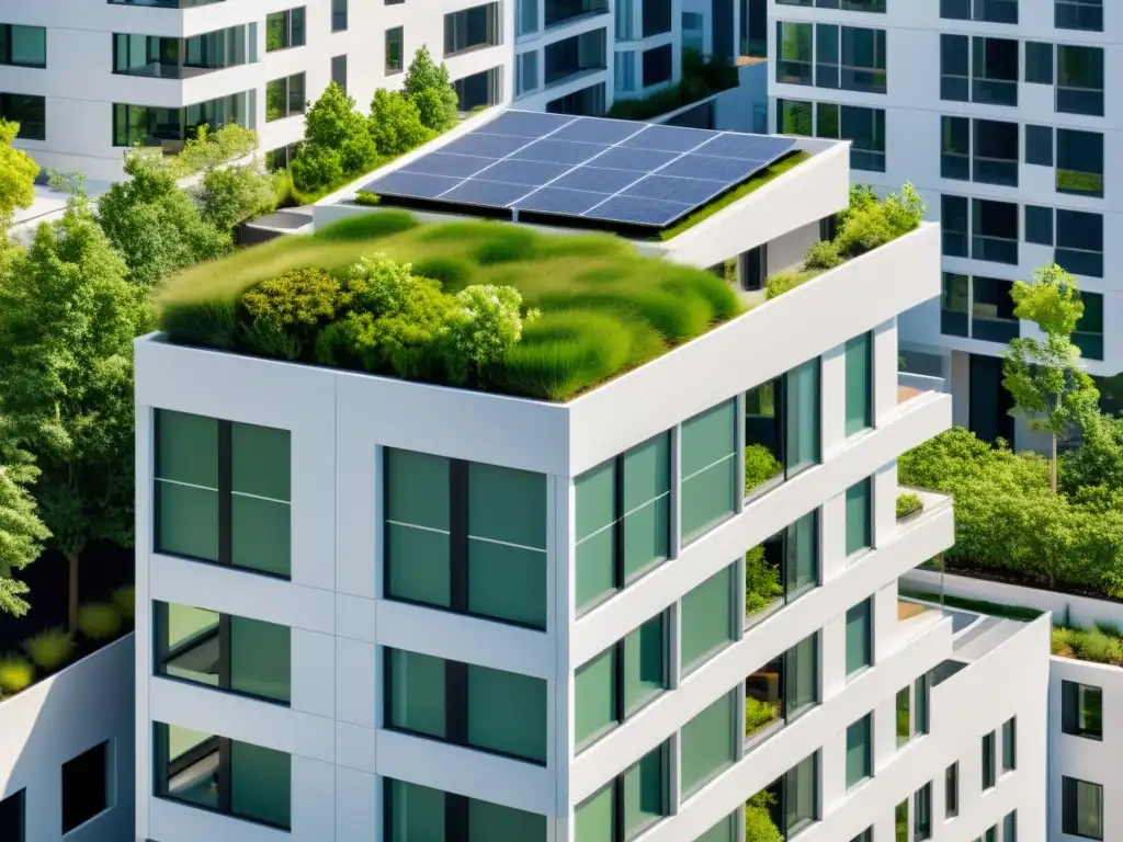 Vista aérea de un edificio residencial moderno con sellos LEED, techos verdes y paneles solares, enfoque en construcción hogar verde