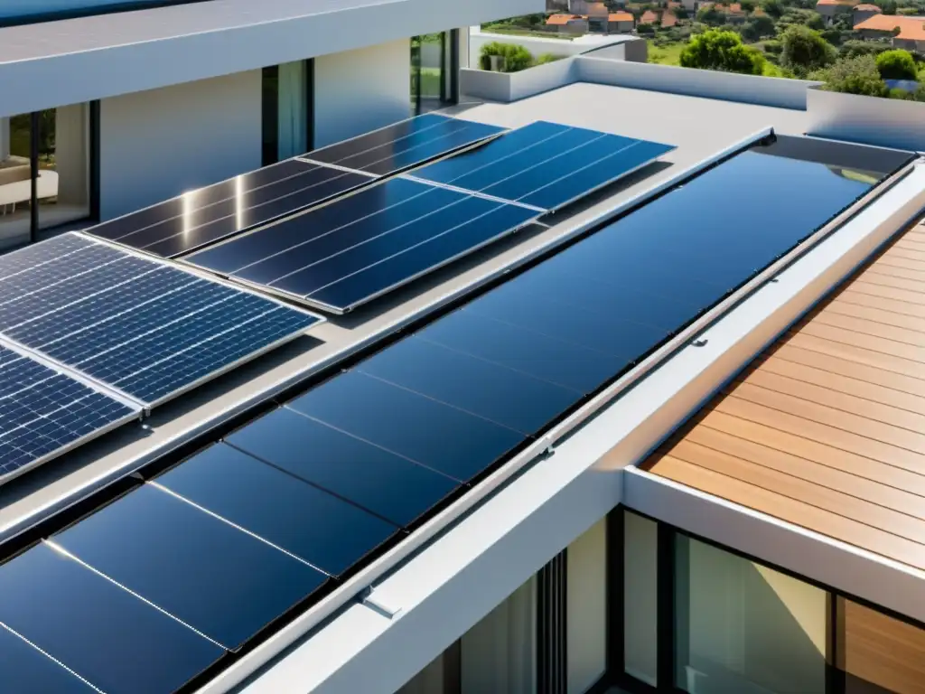 Vista aérea de un elegante tejado residencial moderno con paneles solares integrados, transmitiendo sostenibilidad y tecnología