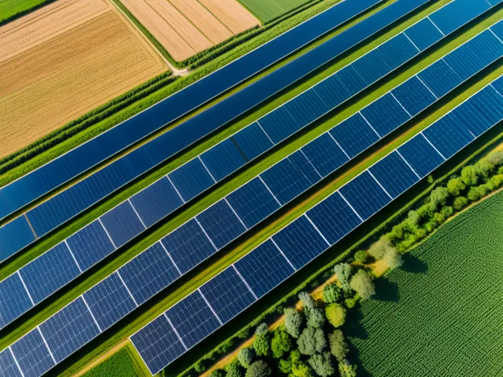 Vista aérea de extenso campo de paneles solares en Bélgica, integración de energía eólica y solar en el paisaje