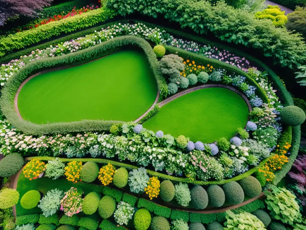 Vista aérea de un exuberante jardín con flores vibrantes y senderos serpenteantes