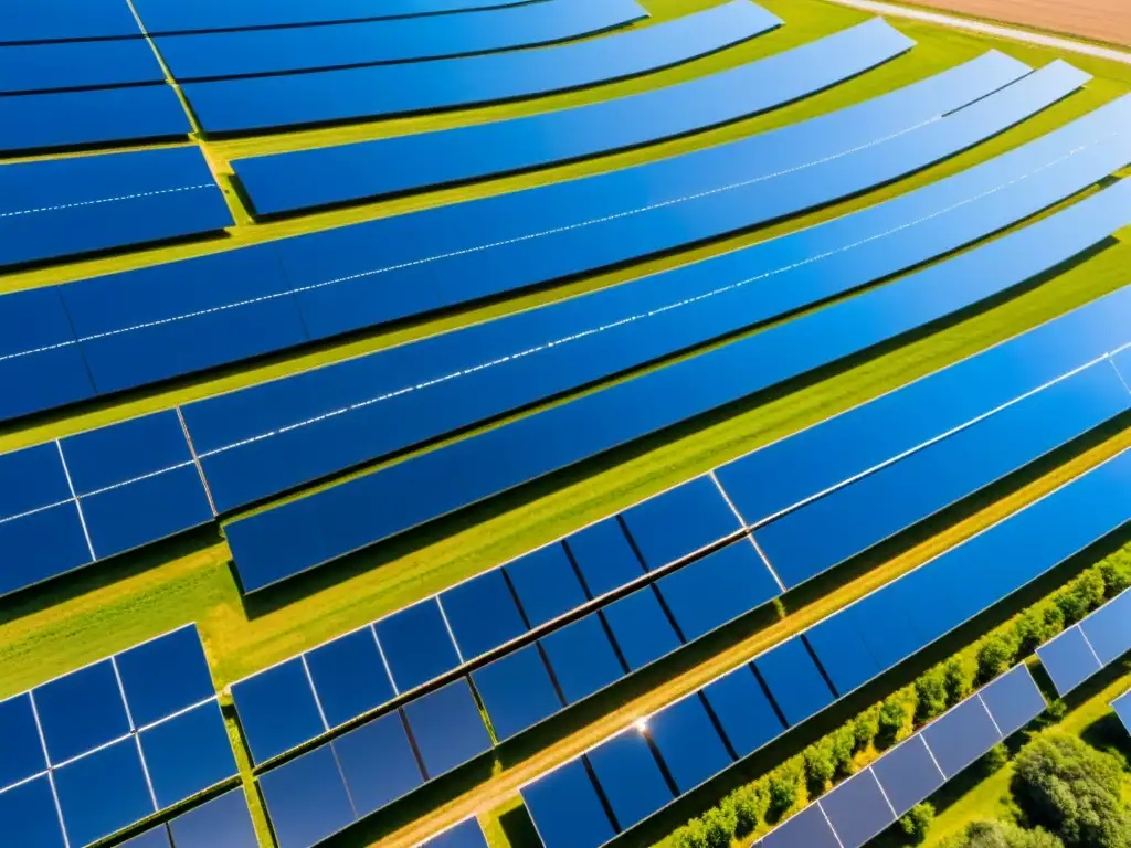 Vista aérea de una granja de paneles solares en un día soleado, transmitiendo una sensación de vastedad y precisión