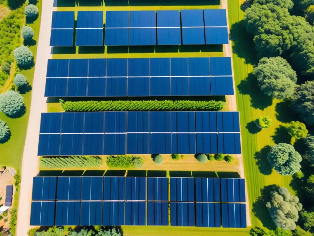 Vista aérea de una granja solar comunitaria con paneles solares brillando bajo el sol, rodeados de vegetación exuberante y un cielo azul