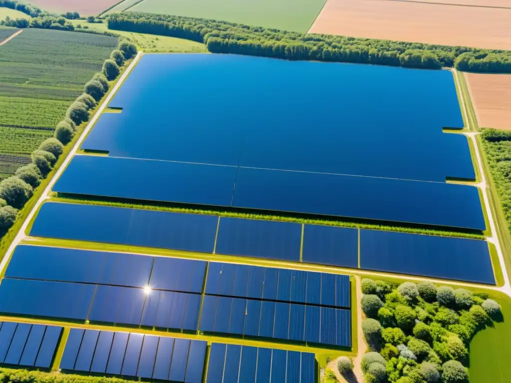 Vista aérea de una granja solar con paneles brillantes y biodiversidad, mostrando el impacto positivo de la energía solar en el entorno natural