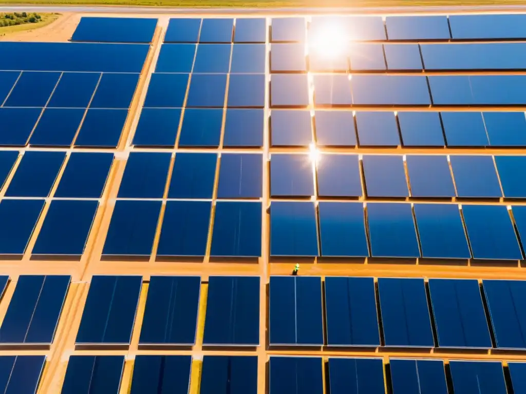 Vista aérea impactante de un campo de paneles solares bajo un cielo azul