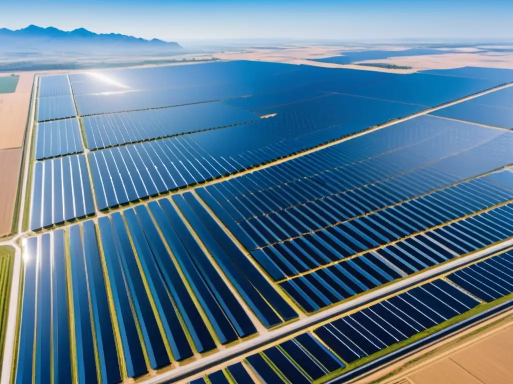 Vista aérea impactante de una granja solar en China, con paneles solares negros que se extienden hasta el horizonte bajo un cielo azul