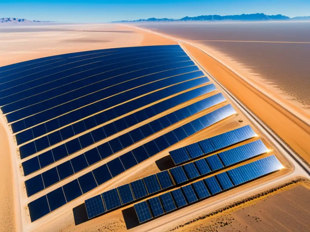 Vista aérea impresionante de un campo de paneles solares en un vasto desierto