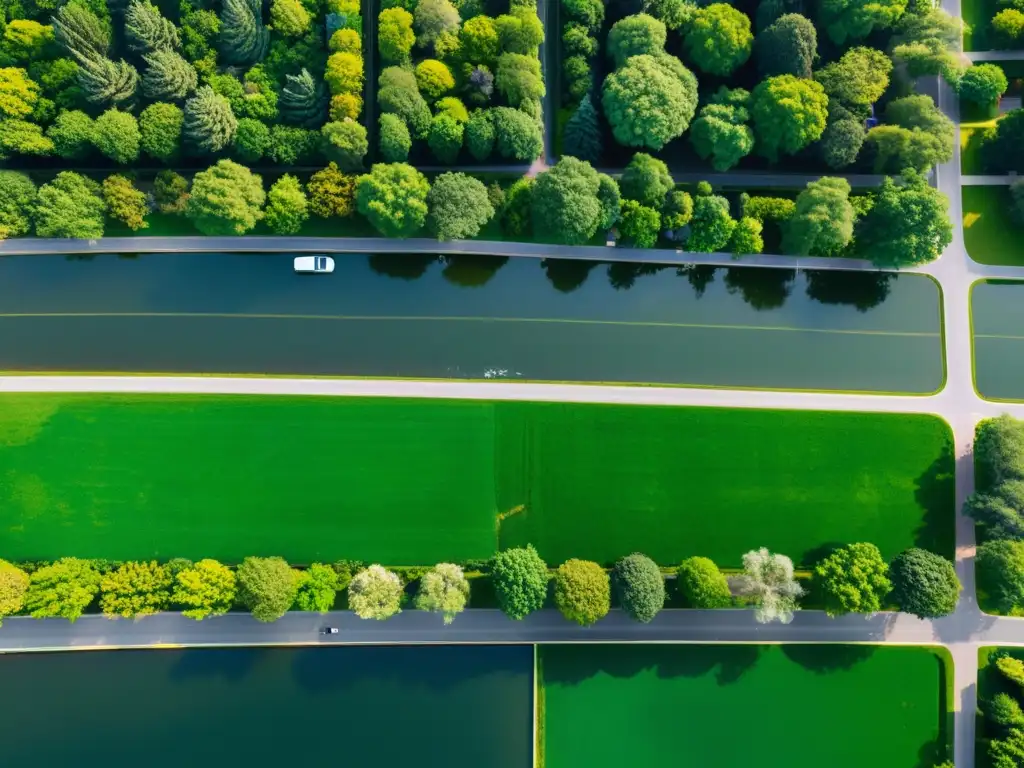 Vista aérea impresionante de una ciudad con espacios verdes, resalta el contraste naturaleza-urbano