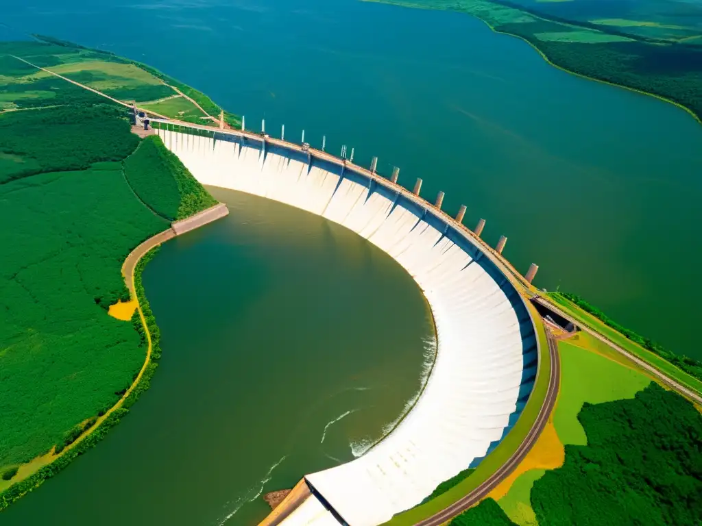 Vista aérea impresionante de la colosal represa de Itaipu, destacando su inmenso potencial hidroeléctrico en Brasil y Latinoamérica