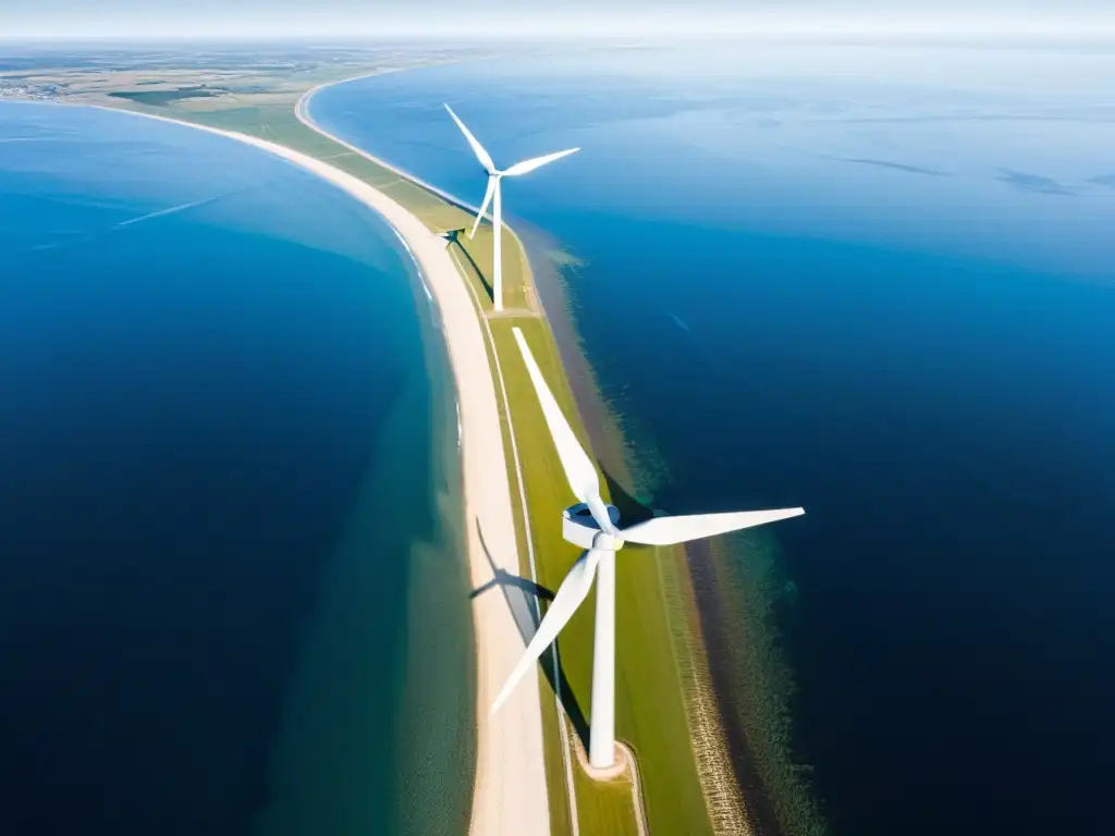 Vista aérea impresionante de la costa danesa con modernos aerogeneradores, reflejando el éxito danés en energía renovable