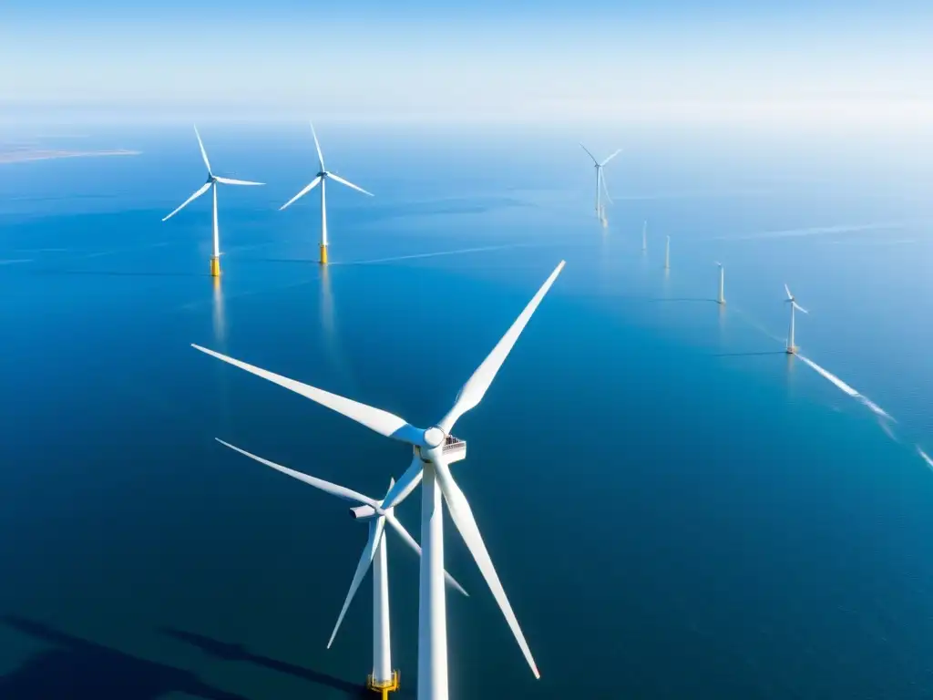 Vista aérea impresionante de energía eólica offshore sostenible con turbinas blancas en el mar y cielo azul claro