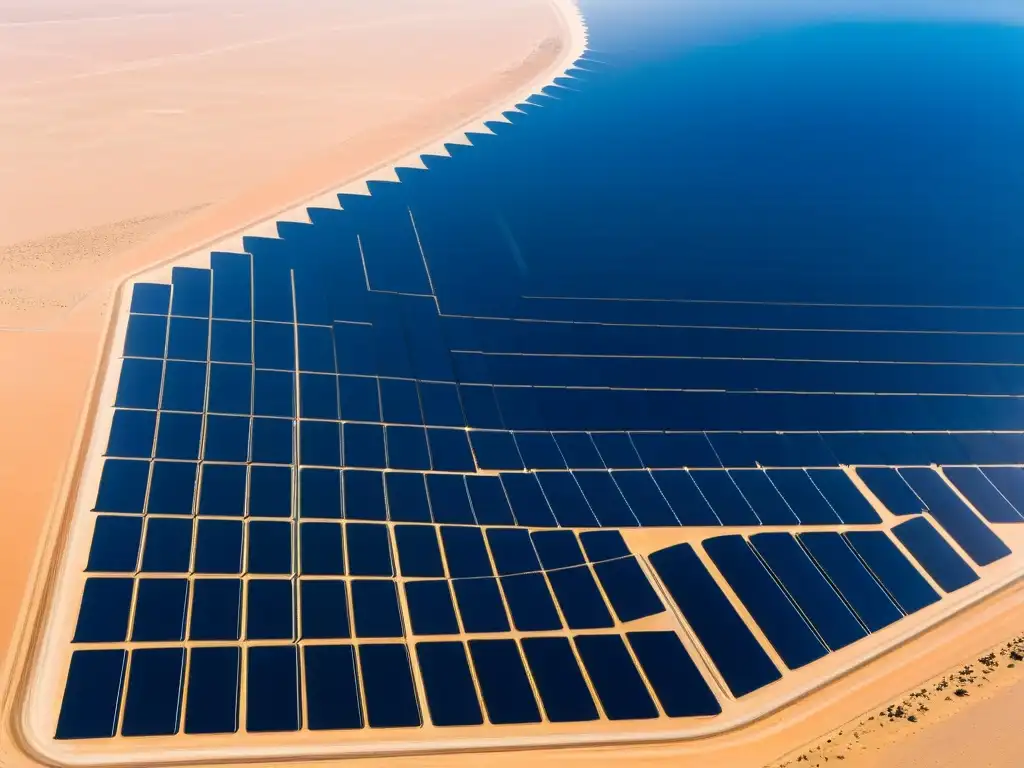 Vista aérea impresionante de una enorme granja solar en el Desierto de Gobi, con paneles solares en filas precisas, reflejando la luz del sol