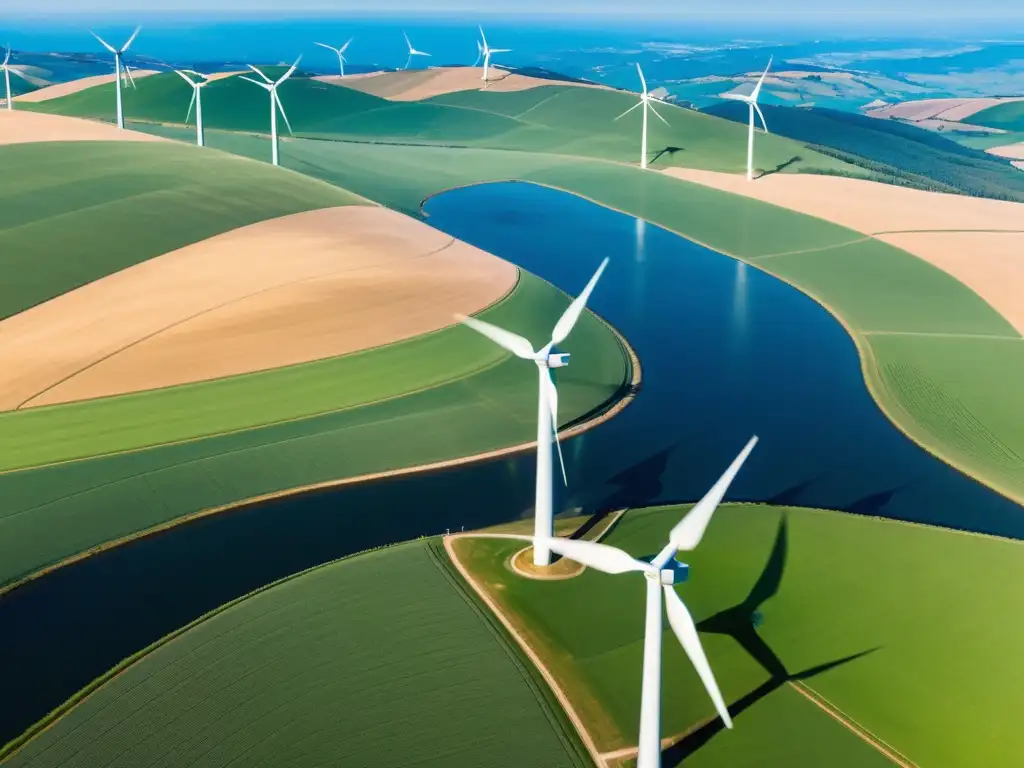 Vista aérea impresionante de un extenso parque eólico en colinas verdes, con turbinas blancas alineadas creando un patrón hipnotizante