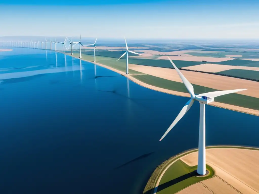 Vista aérea impresionante de un extenso parque eólico, con turbinas blancas en perfecta alineación bajo un cielo azul