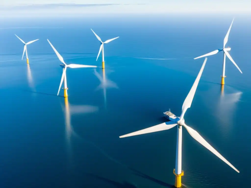 Vista aérea impresionante de un gran parque eólico marino, destacando su diseño elegante y minimalista