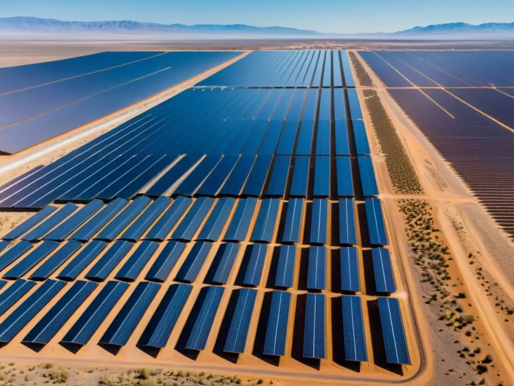 Vista aérea impresionante de una granja solar en el desierto de California, con paneles solares formando un patrón geométrico bajo el cielo azul