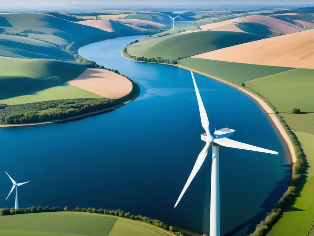 Vista aérea impresionante de un parque eólico con turbinas alineadas en armonía, transmitiendo la belleza y beneficios de la energía eólica para la economía local