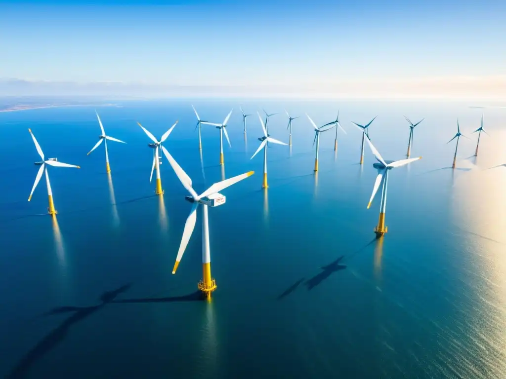 Vista aérea impresionante de un parque eólico offshore futurista y sostenible, capturando la energía del viento en un entorno natural