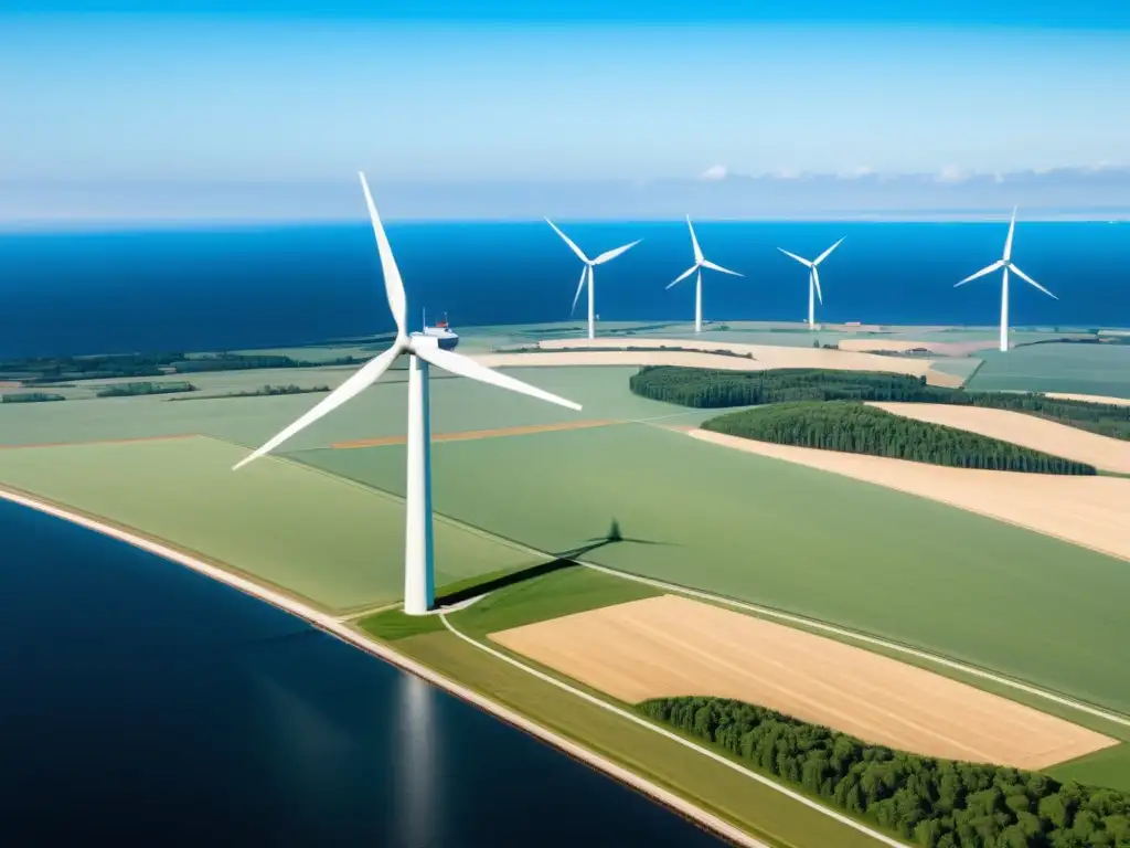 Vista aérea impresionante de parques eólicos en Dinamarca, con modernos molinos de viento que se alzan en armonía con el paisaje natural