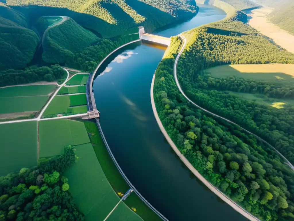 Vista aérea impresionante de un río serpenteante rodeado de exuberantes bosques, con una enorme presa hidroeléctrica en la distancia