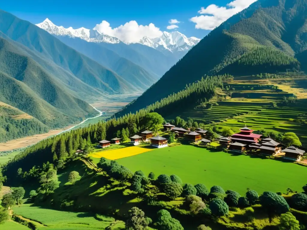 Vista aérea impresionante de los valles verdes y montañas nevadas de Bhután, con casas tradicionales y banderas de oración