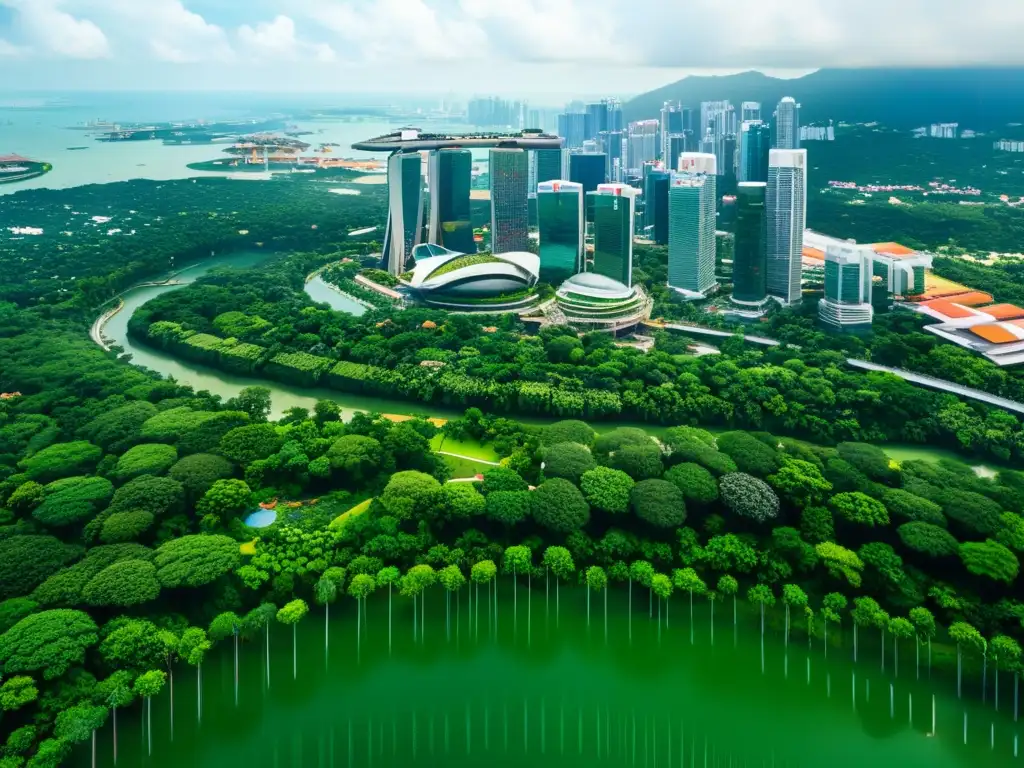 Vista aérea 8k de Singapur: una integración ejemplar de la naturaleza en la arquitectura urbana