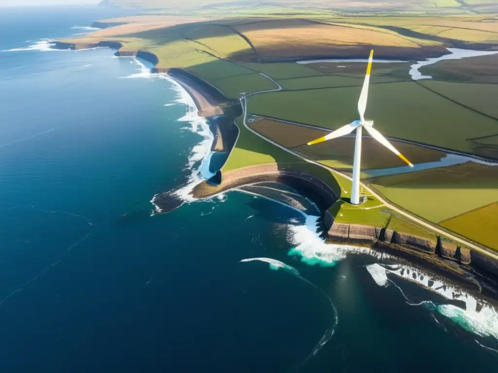 Vista aérea de las Islas Orcadas con granja eólica y turbinas mareomotrices, simbolizando la autonomía energética con mareas