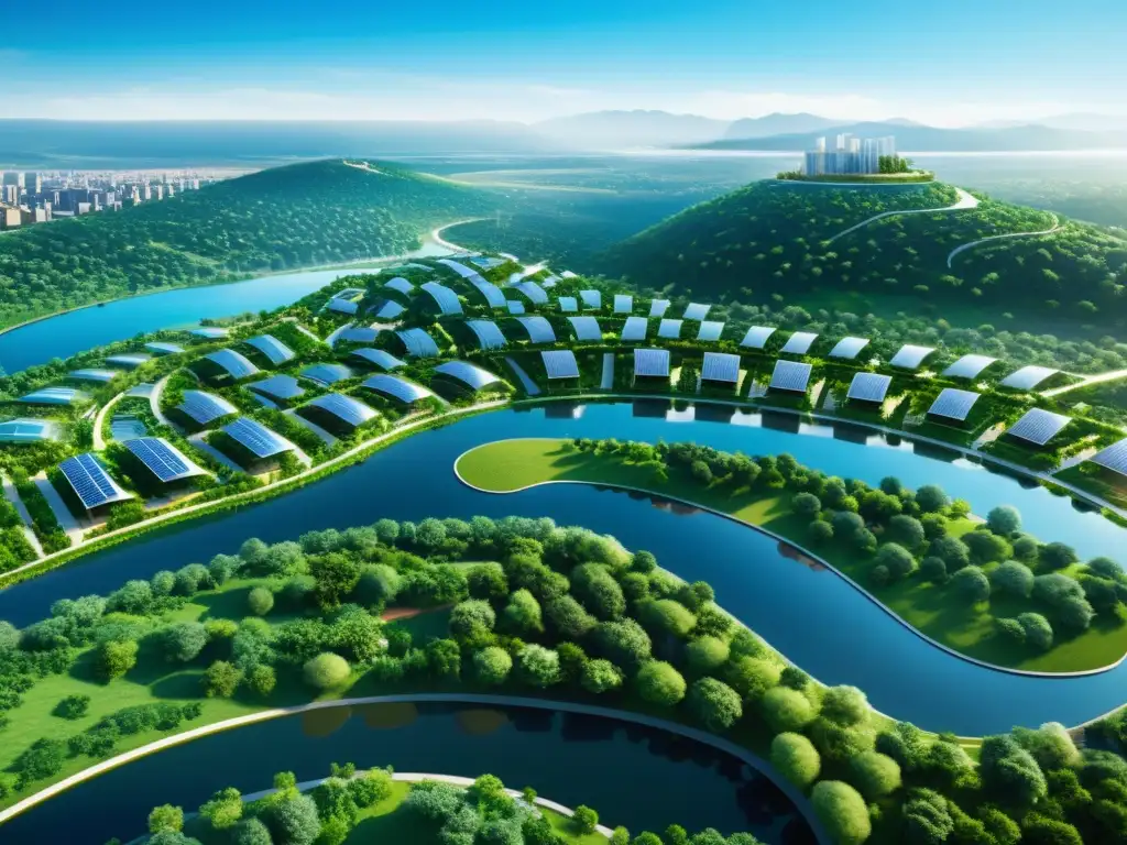 Vista aérea de una microciudad sostenible entre la naturaleza exuberante, con arquitectura moderna integrada armoniosamente