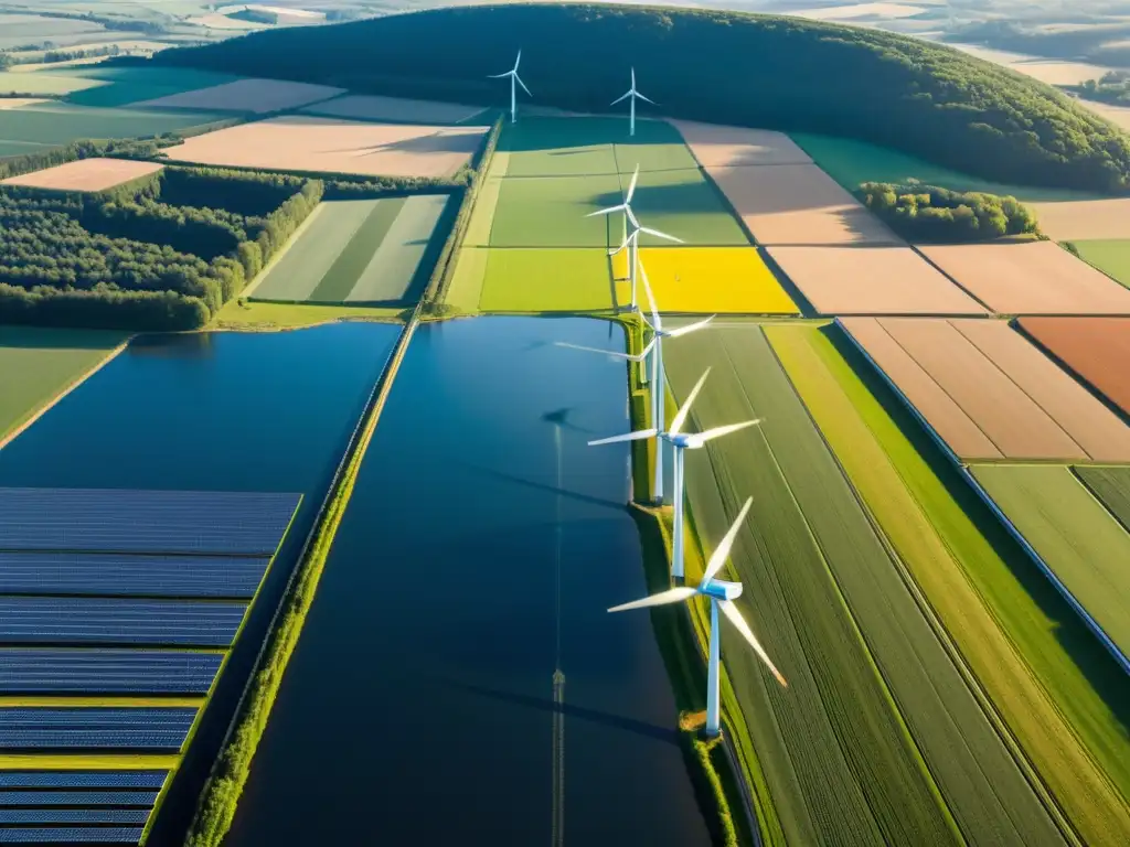 Vista aérea minimalista de la campiña belga con energía eólica y solar integrada en armonía