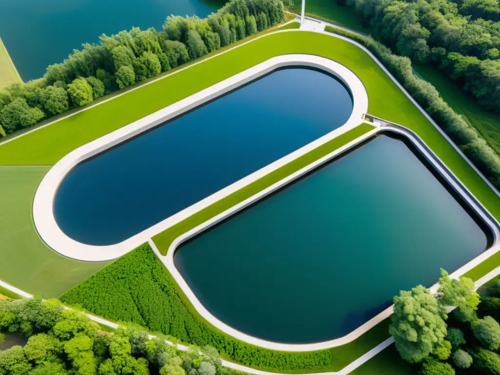 Vista aérea de una moderna planta de tratamiento de aguas residuales, integrada en la naturaleza con arquitectura minimalista