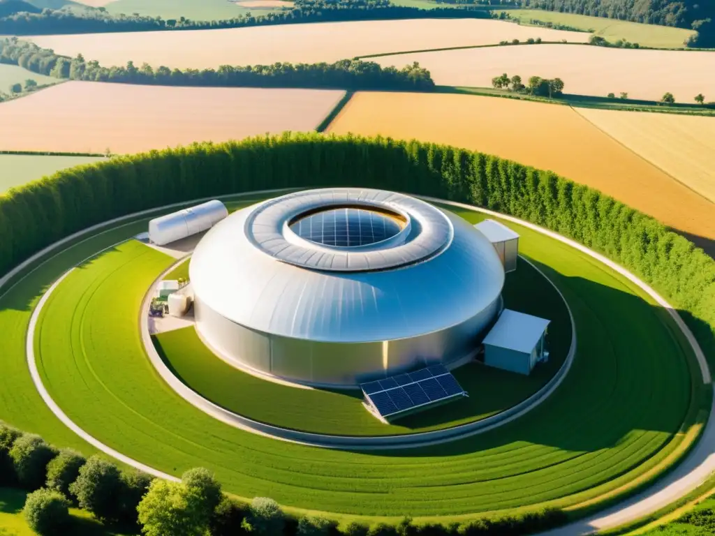 Vista aérea de una moderna planta de biogás rodeada de campos verdes