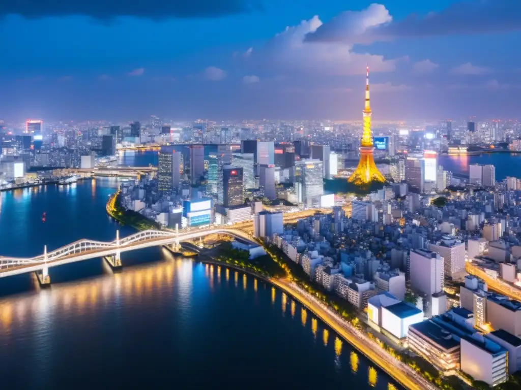 Vista aérea nocturna de Tokio con rascacielos iluminados y reflejados en el río Sumida, simbolizando la eficiencia energética de Japón frente a Corea