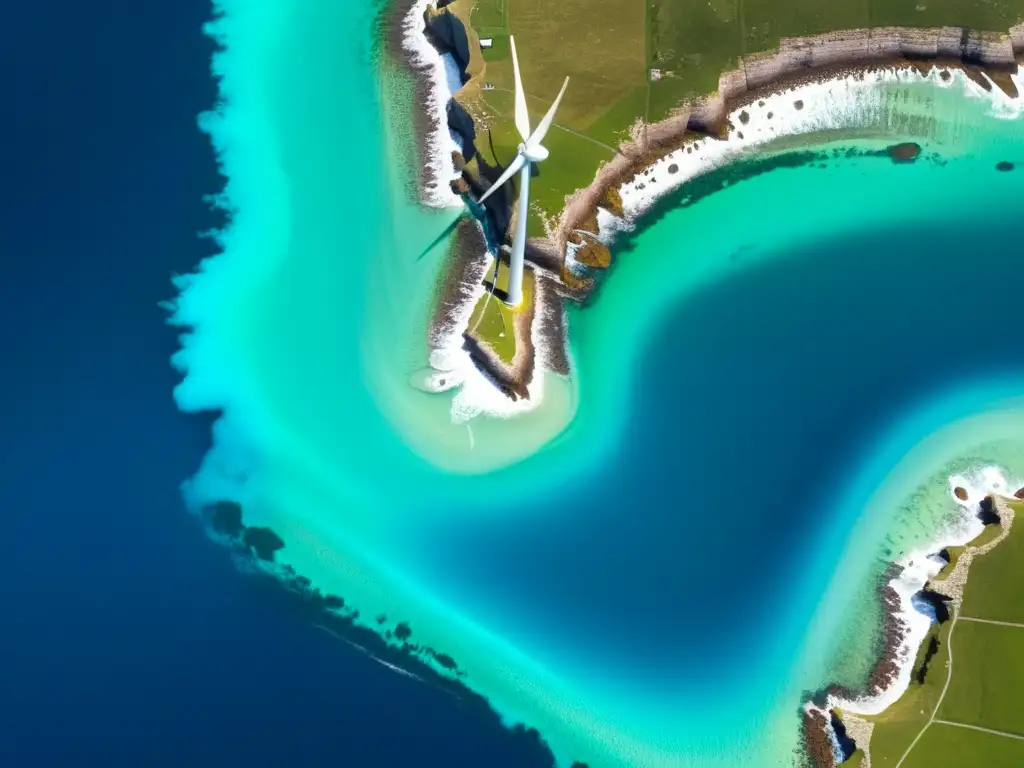 Vista aérea de Orkney, con instalaciones de energía mareomotriz y eólica