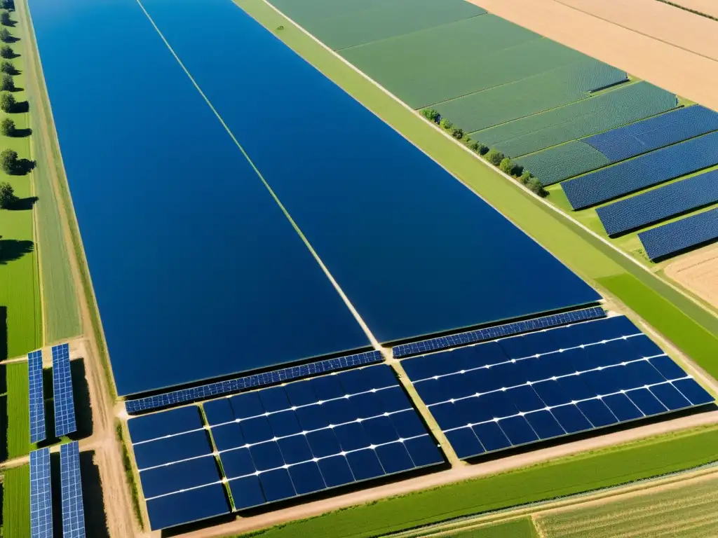 Vista aérea de paneles solares en área rural, destacando su impacto ambiental en el paisaje verde