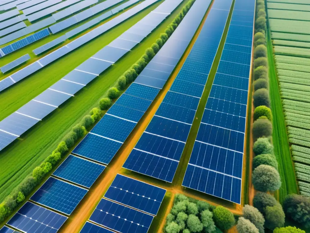 Vista aérea de paneles solares en un paisaje verde, simbolizando la importancia de la educación en políticas de energía renovable