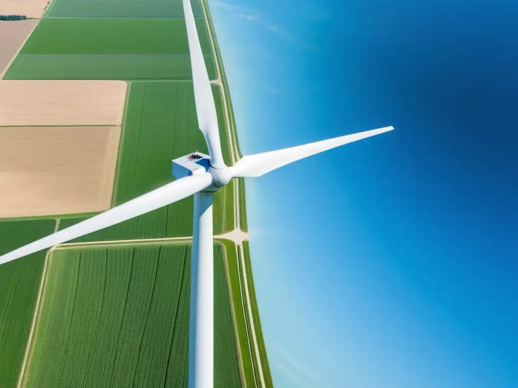 Vista aérea de un parque eólico con turbinas modernas que destacan por su eficiencia del diseño en contraste con el paisaje verde y cielo azul