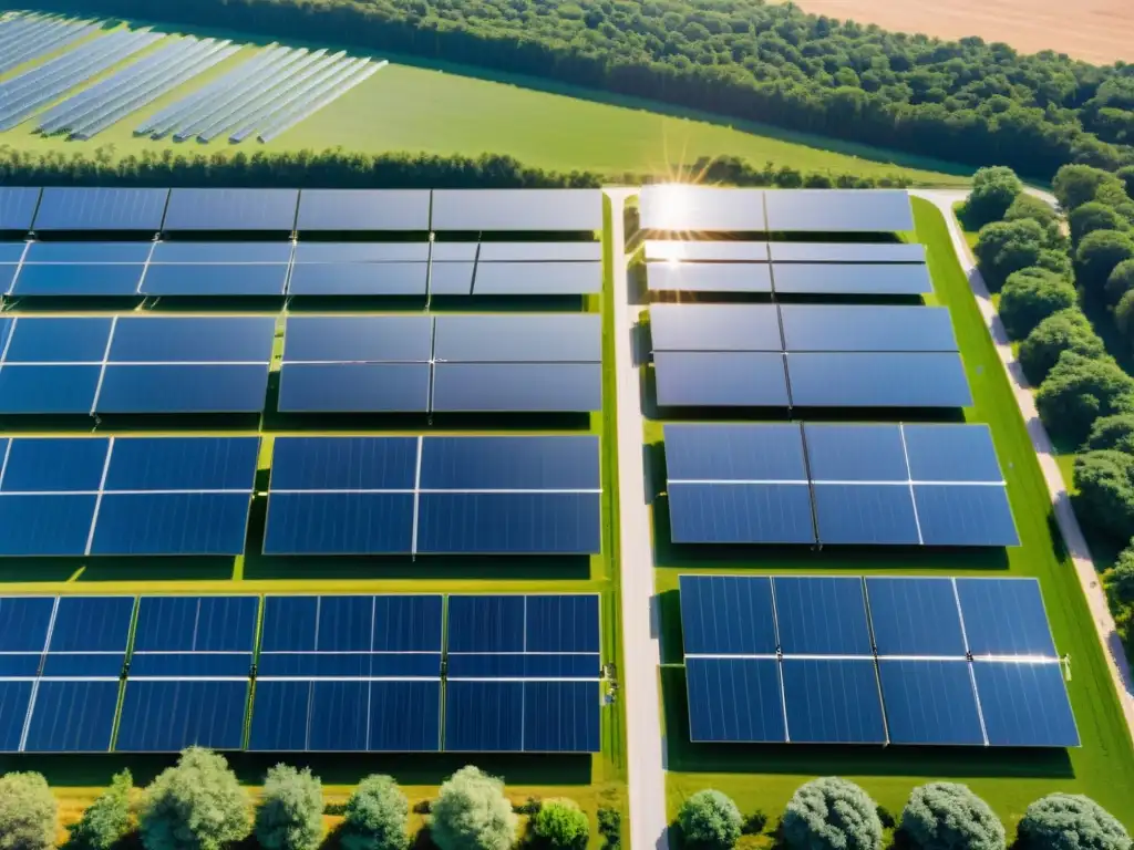 Vista aérea de un parque solar comunitario sostenible con paneles solares ordenados y vegetación entre ellos