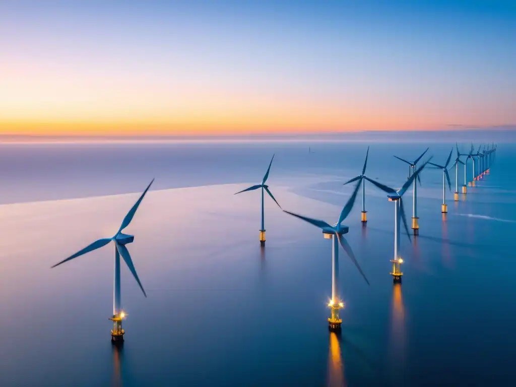 Vista aérea de parques eólicos marinos al atardecer, reflejados en el mar