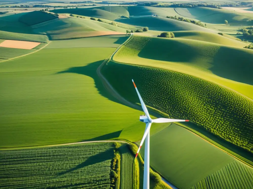 Vista aérea de la pintoresca campiña danesa, con colinas verdes salpicadas de elegantes aerogeneradores girando al compás del viento